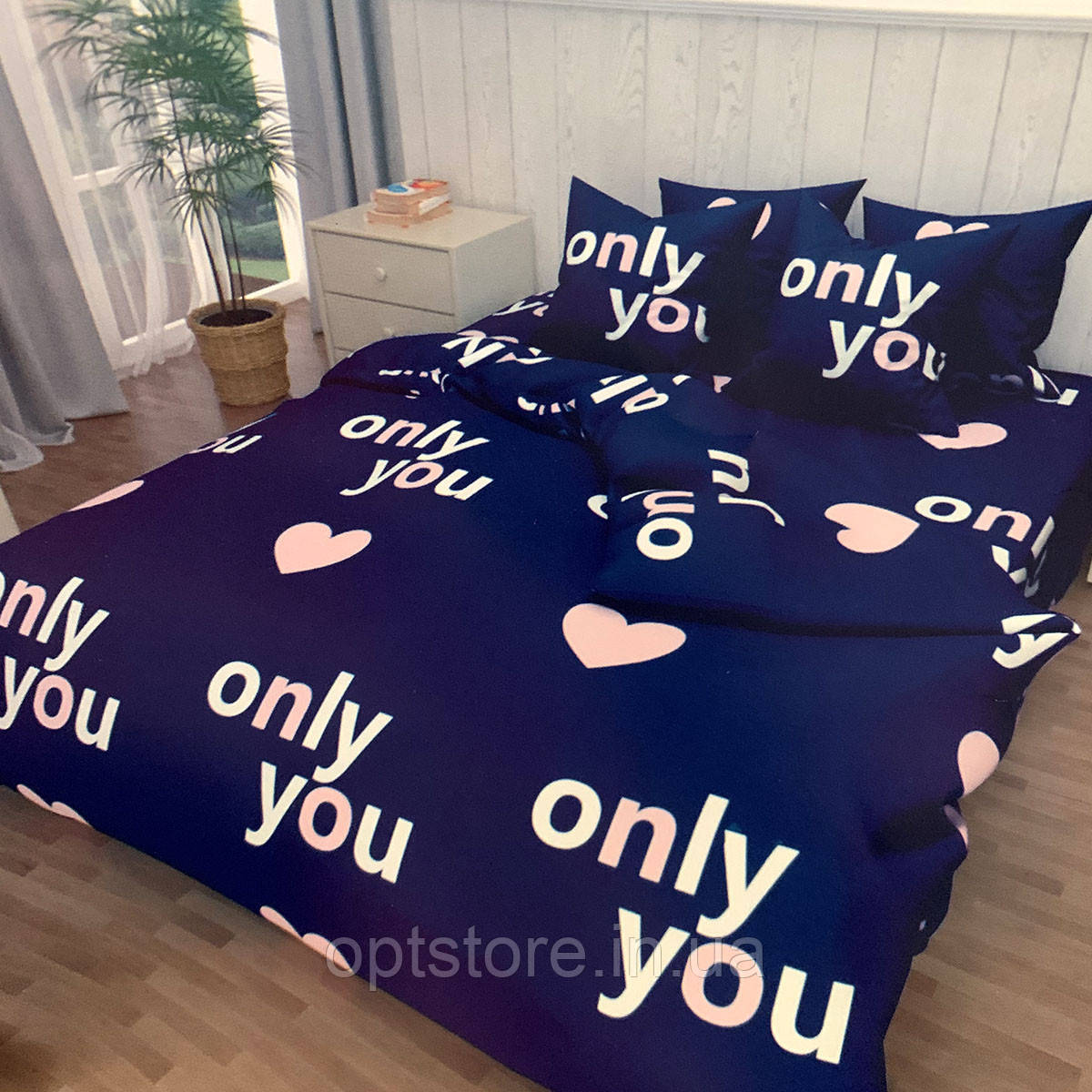 

"Only you" Комплект постельного белья двуспальный 180/210, нав-ки 70/70, ткань сатин, 100% состоит из хлопка, Синий