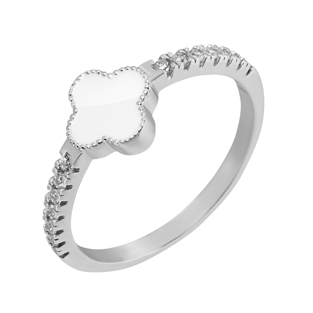 Кольцо с белой эмалью Клевер