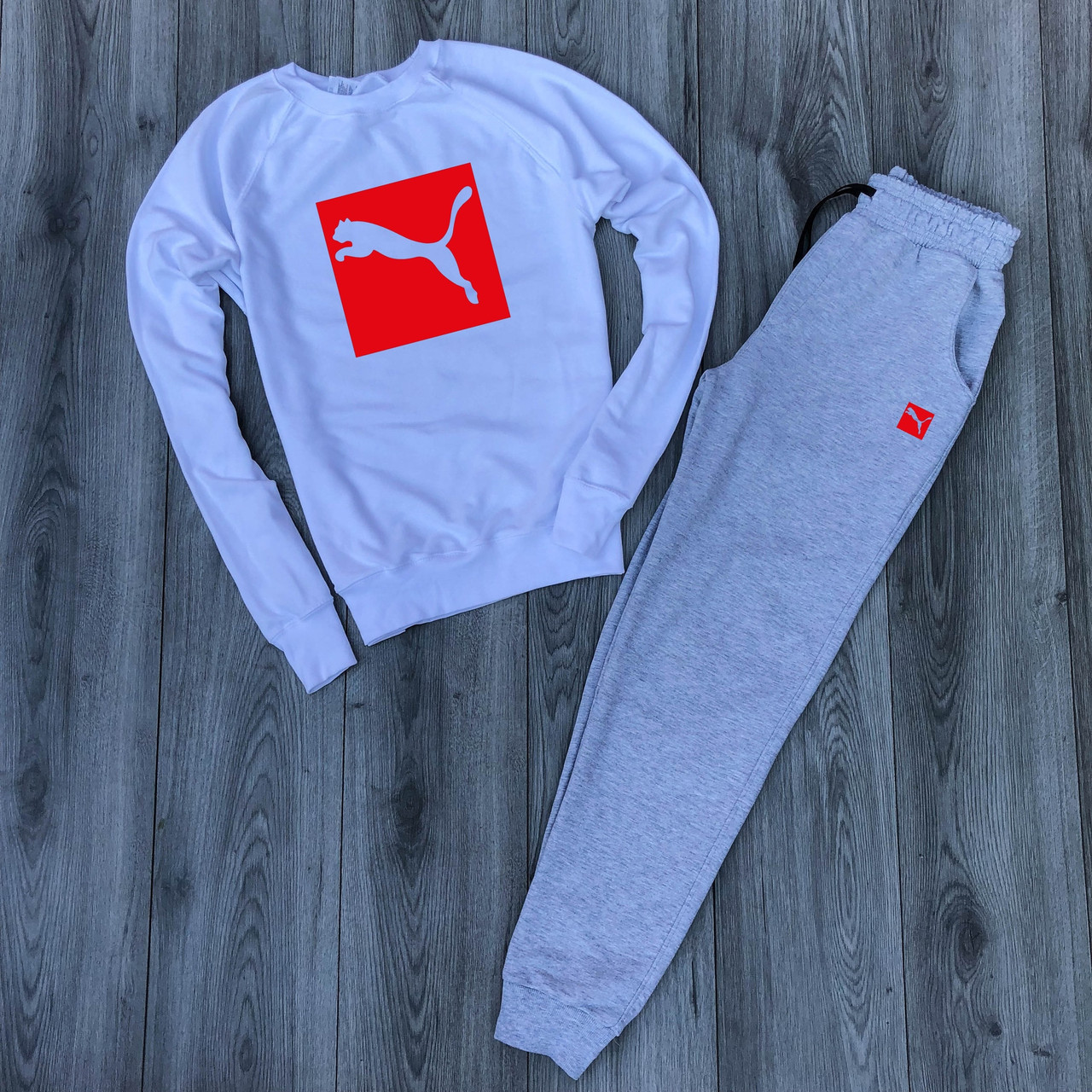 

Мужской утепленный спортивный костюм белый реглан с принтом "Puma" и меланжевые штаны