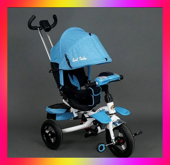 

Детский трехколесный велосипед коляска Baby Trike 6595 с игровой панелью и ключем зажигания Синий Ткань Лен