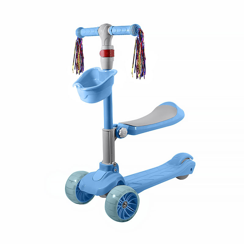 

Детский самокат Lesko BAQ-518 Blue трехколесный 2 в 1 с сиденьем светящимися колесами, Синий