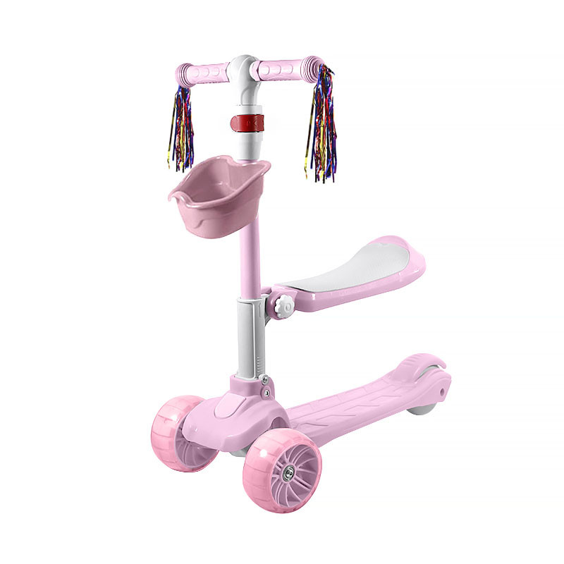 

Детский самокат Lesko BAQ-518 Pink трехколесный 2 в 1 с сиденьем светящимися колесами, Розовый