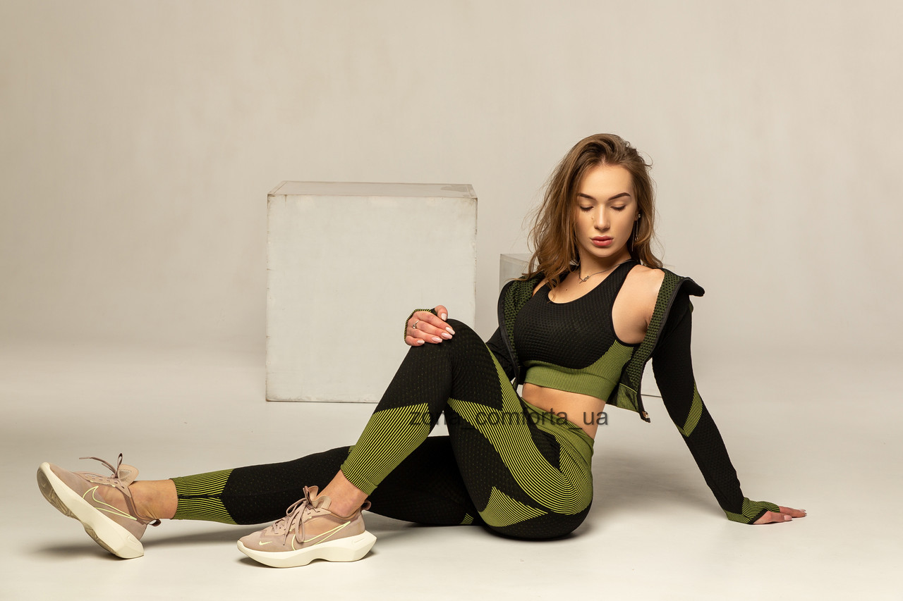 Спортивный женский костюм для фитнеса, йоги, бега 3в1 (топ+лосины+рашгард) чорно-зеленый