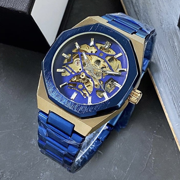 

Мужские механические наручные часы с автоподзаводом стальные Gusto Skeleton Blue-Gold