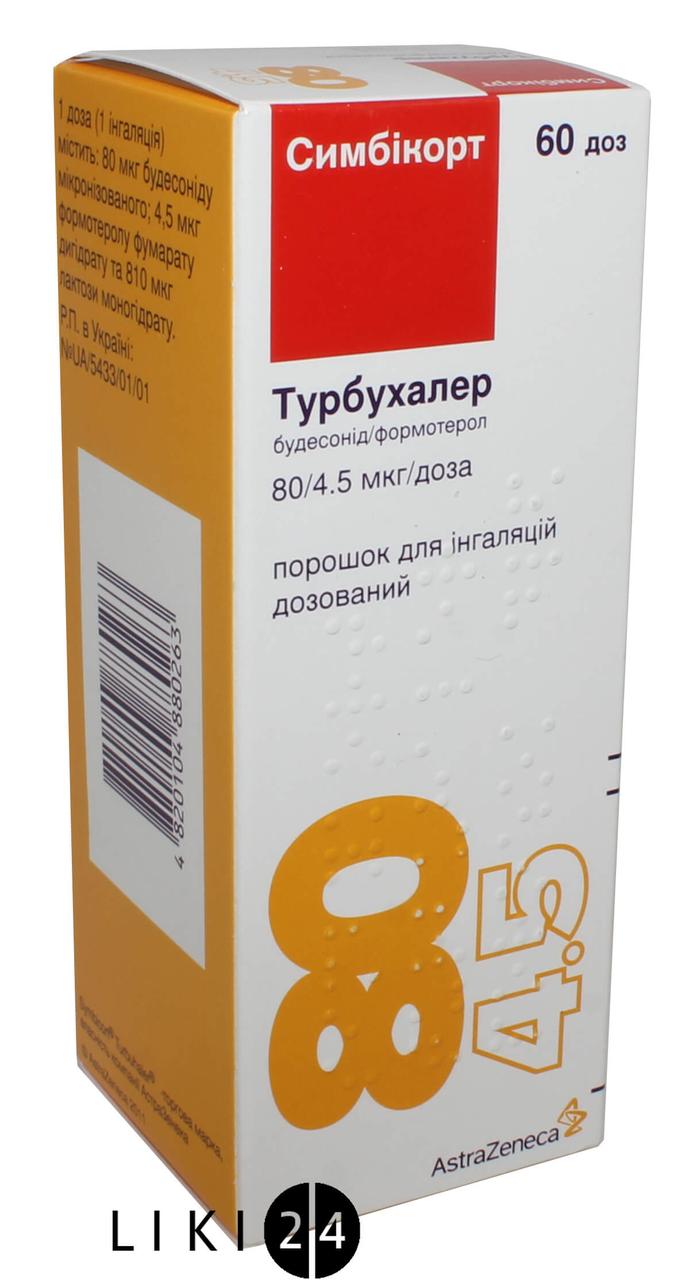 

СИМБИКОРТ ТУРБУХАЛЕР, AstraZeneca уп. №1 пор. д/инг. дозир. 80 мкг/доза + 4,5 мкг/доза турбухалер 60 доз