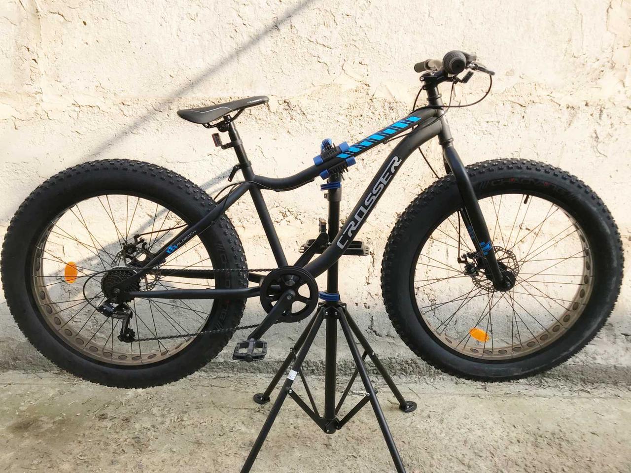 

Велосипед Crosser Fat Bike 26" фэтбайк (внедорожник) стальной черно-синий, Черный