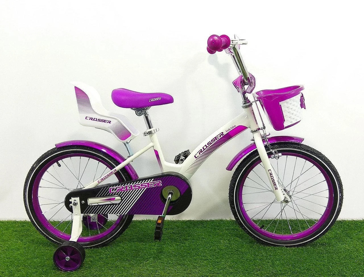 

Детский велосипед для девочек Crosser Kids Bike-3 20 дюймов с дополнит.колесами,звонок,корзинка бело-фиолетовы, Белый ( есть розовый и черный)