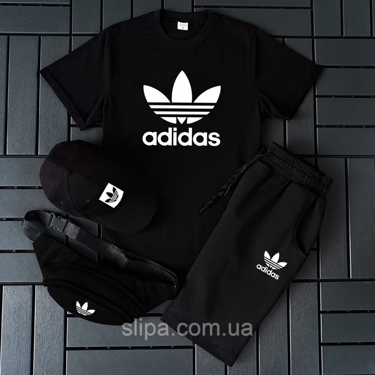 

Летний мужской комплект Adidas | футболка + шорты + кепка + бананка, Разные цвета