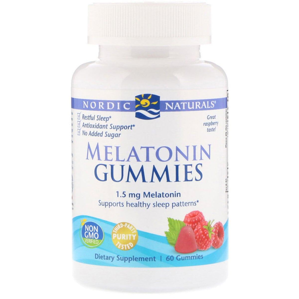 

Мелатониновые жевательные конфеты, Melatonin Gummies, Nordic Naturals, вкус малины, 1,5 мг, 60 жевательных