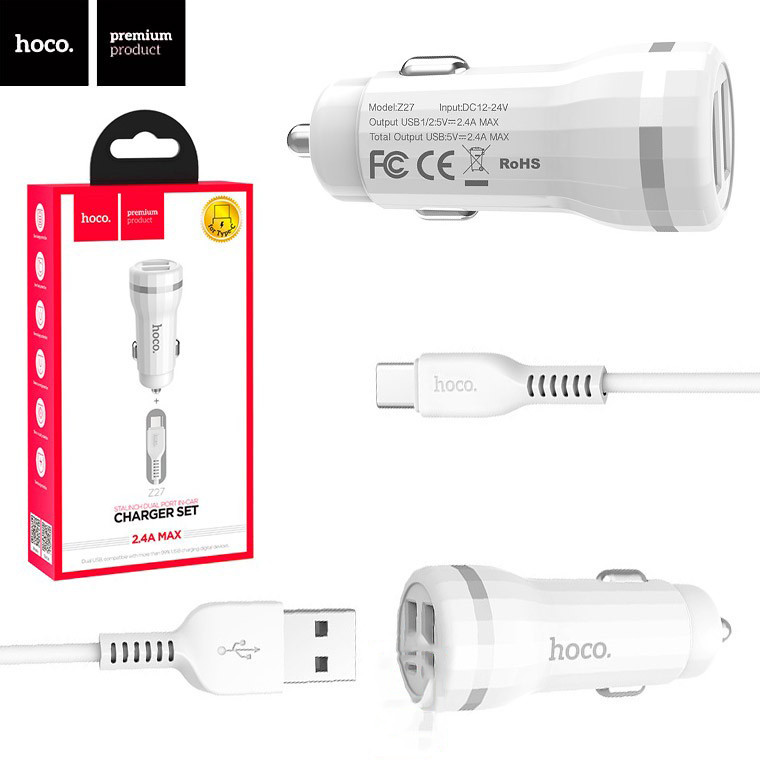 

Автомобильное зарядное устройство Hoco Z27 2USB 2.4A Type-C Белый