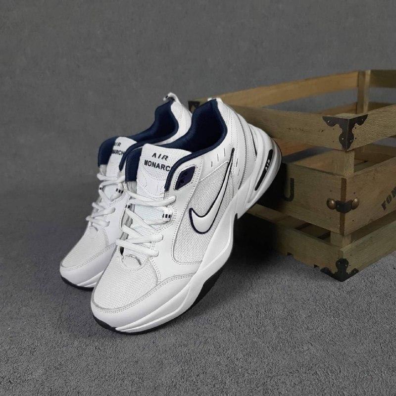 

Кроссовки Nike Air Monarch белые с синим кожанные текстильные на теплую погоду найк для фитнеса, Белый