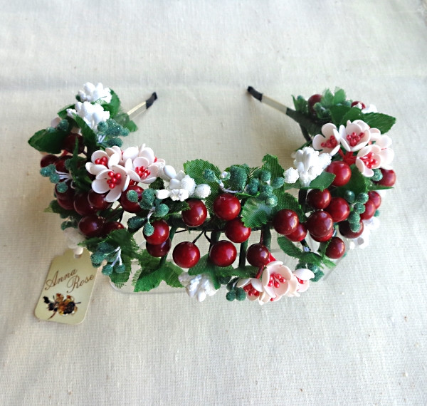 Обруч ручної роботи з квітами та ягодами для волосся "Вишенька"-купити-в інтернет-магазині AnnaRose