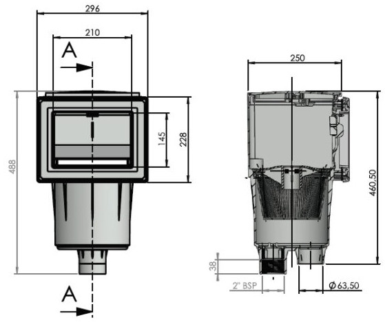Габаритні розміри скімера Astral 17.5 L SPS (210 х 145 мм) під лайнер
