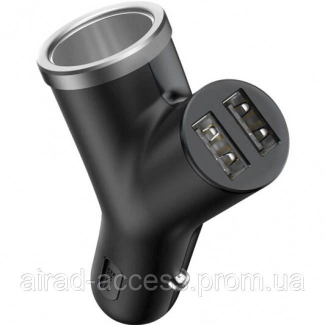 

Зарядное устройство в авто с дополнительным разьемом прикуривателя и 2USB Baseus Y type dual USB+cigarette, Черный