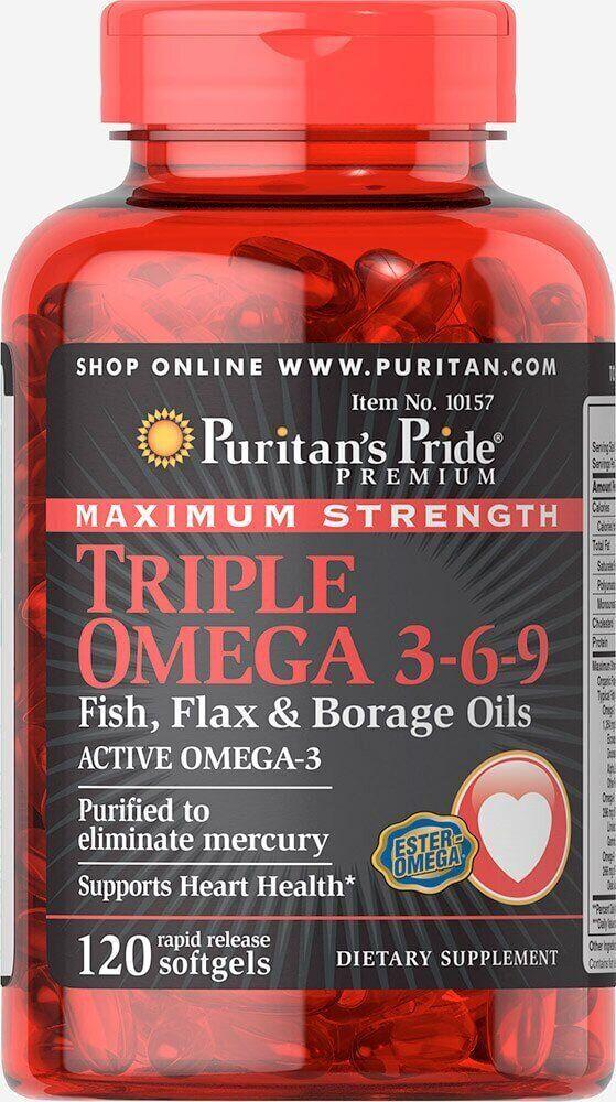 

Омега 3-6-9, Maximum Strength Triple Omega 3-6-9 Fish, Flax & Borage Oils, Puritan's Pride, 120 капс