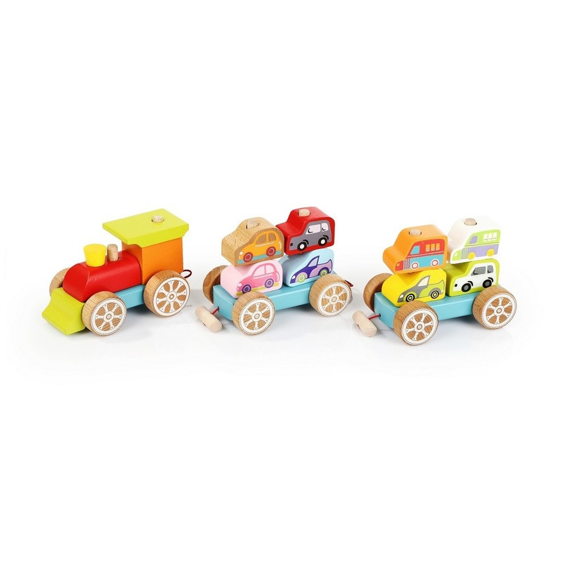 Деревянный сортер Поезд с машинками Cubika 14 деталей для детей от 2.5 лет, Разные цвета