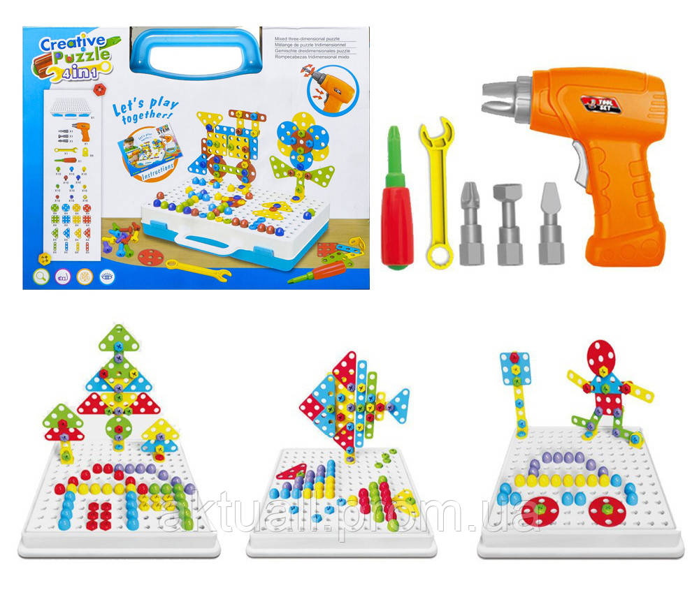 

3D Пазл Creativ Puzzle 4 в 1 конструктор "Болтовая мозаика" с электроотверткой (193 детали) (14581)