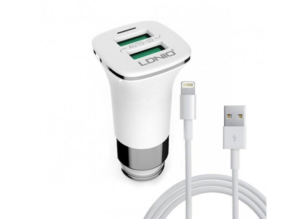 

/Автомобильная зарядка 2USB LDNIO (3.6A) White + USB Cable iPhone 6/7/8 (DL-C301), Белый