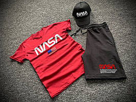 Шорти футболка і кепка Nasa чорно-червоного кольору (літній спортивний костюм 3 в 1 бавовна)