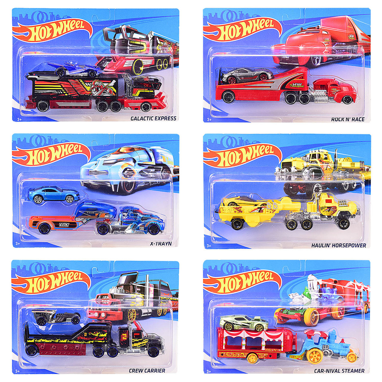 

Трейлер металл Hot Wheels T-E757-1 (54шт|2) с машинками, 6 видов, на планш. 24*5*16,5 см, р-р игрушк