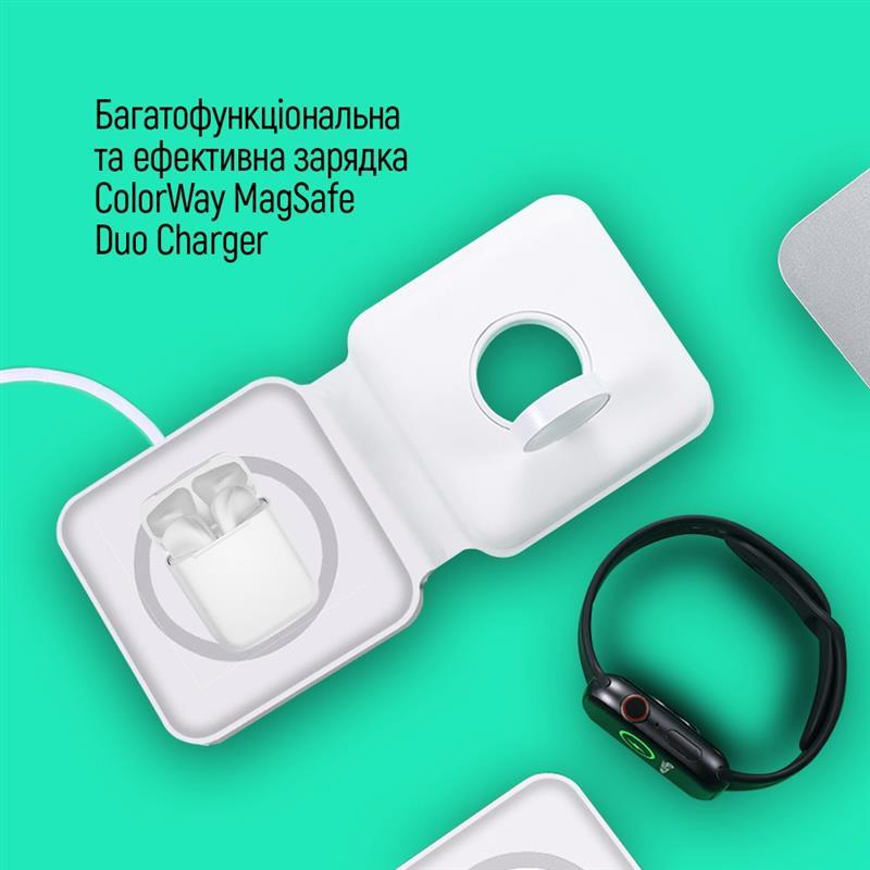 

Беспроводное зарядное устройство ColorWay MagSafe Duo Charger 15W for iPhone White (CW-CHW32Q-WT), Белый