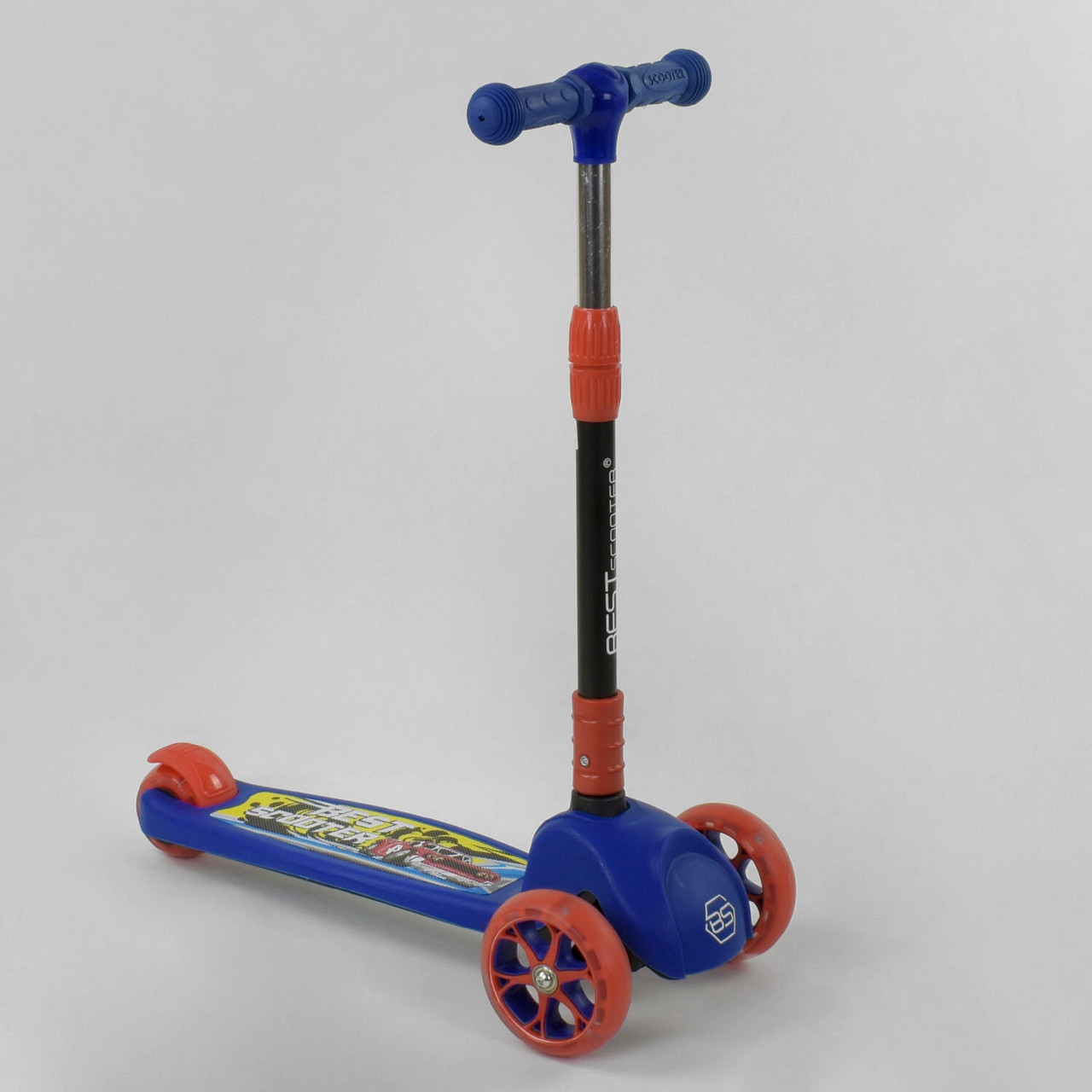 

Детский трехколесный самокат со светящимися колесами и складной ручкой Best Scooter 27043 Синий с оранжевым