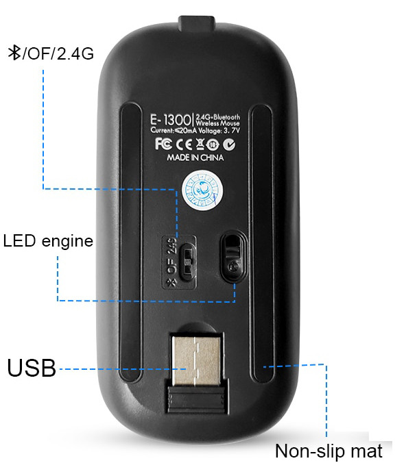 Купить Мышь беспроводная E1300 2в1 Bluetooth+USB с подсветкой Черная.  Бесшумная мышка для ноутбука/планшета/ПК, цена 480 грн — Prom.ua  (ID#1419172920)