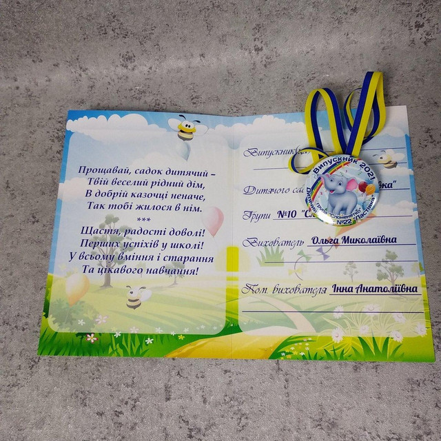 Диплом и медаль для выпускника группы детского сада Слонёнок