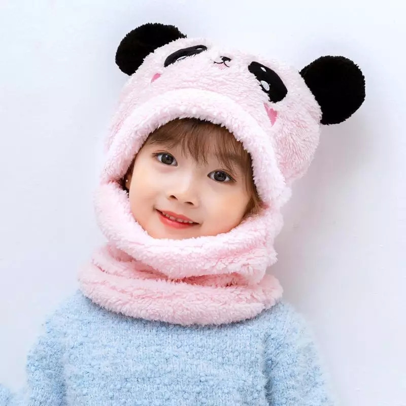 Детский Снуд Панда с ушками (Мишка) теплая шапка-шарф 2 в 1 (зимняя шапка-шлем, балаклава) Розовая, Унисекс