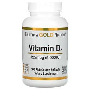 

Витамин D3, Д3, California Gold Nutrition, 125 мкг (5000 МЕ), 360 капсул из рыбьего желатина