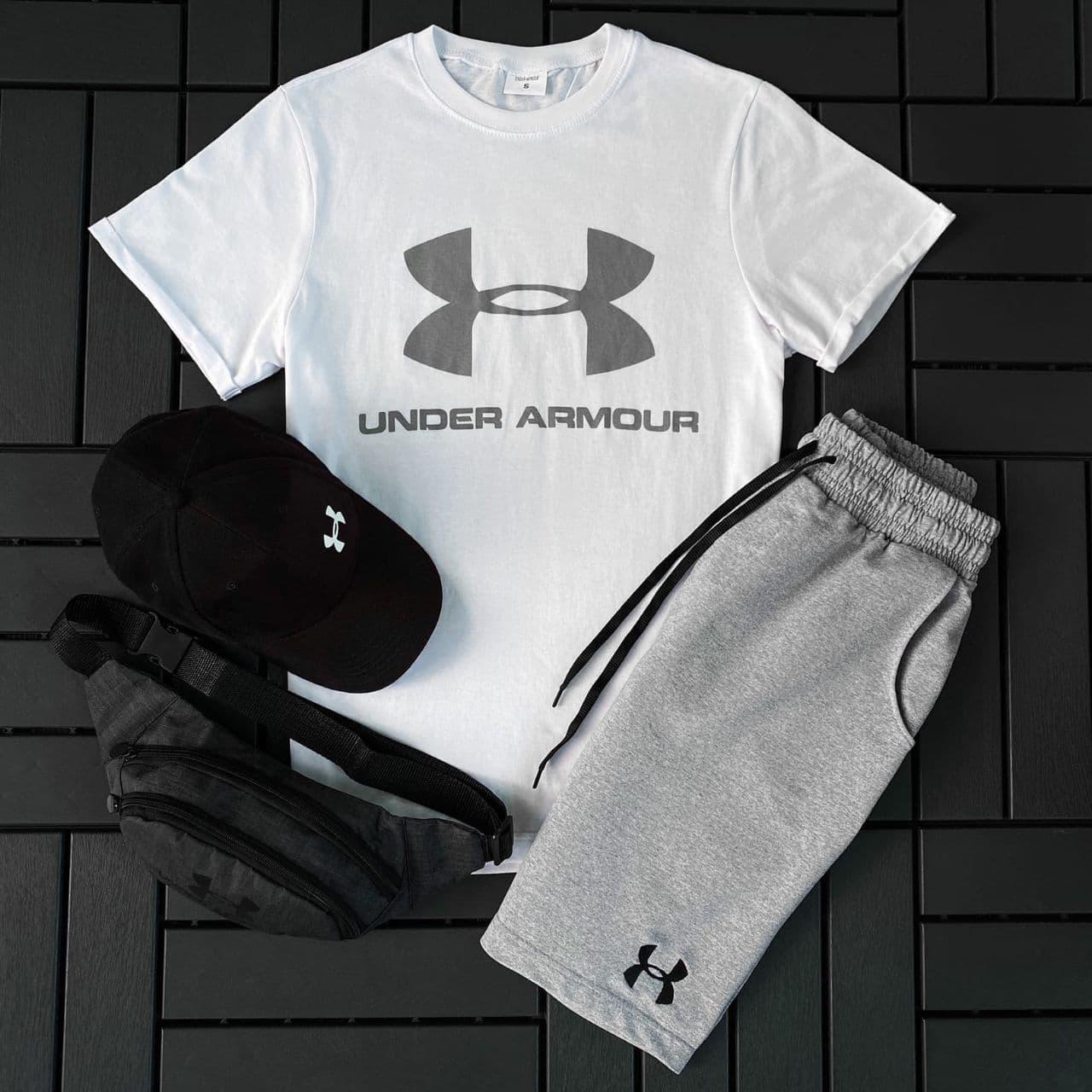 

Under Armour Андер Амор Мужской спортивный костюм/комплект белый лето. Футболка+шорты с принтом
