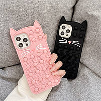 Силиконовый попит чехола нтистресс pop it для телефона iPhone 11 Pro кейс с пупыркой case розовый котик, фото 3