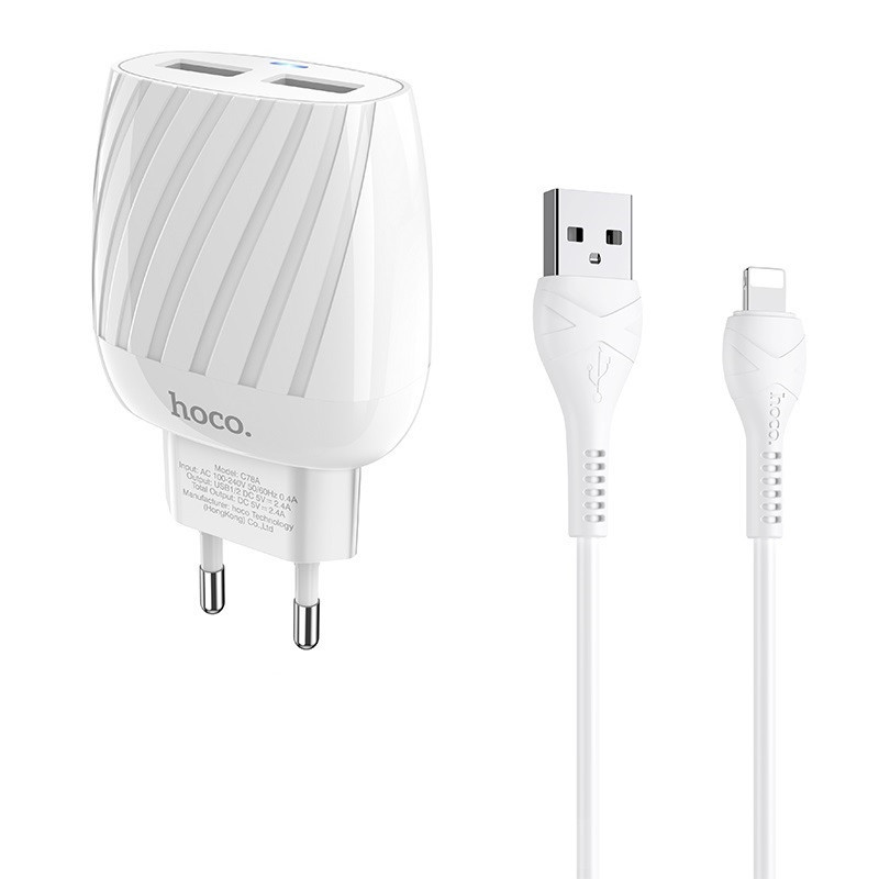 

Зарядное устройство СЗУ Hoco C78A (2USB/2.4A) + Lightning Белый