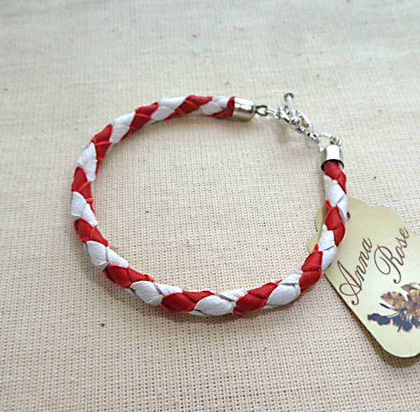 Шкіряний плетений браслет ручної роботи Червона і біла діагональ-купити-в інтернет-магазині AnnaRose