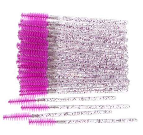 Щіточки нейлонові для вій і брів фіолетові з блискітками, 50 шт