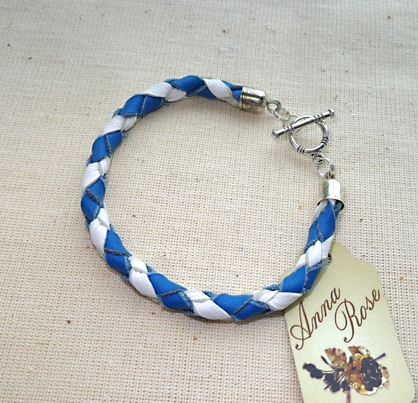 Шкіряний плетений браслет ручної роботи Синя і біла діагональ-купити-в інтернет-магазині AnnaRose