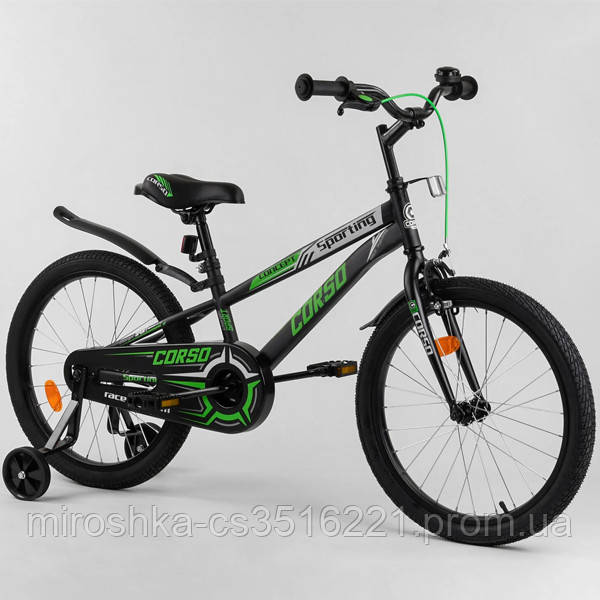 Велосипед 20 дюймов на 6-9 лет, салатово-черный (доп. колеса, ручной тормоз) CORSO R-20715