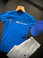 Шорти футболка і кепка BMW сіро-синього кольору (літній спортивний костюм 3 в 1 чоловічий)