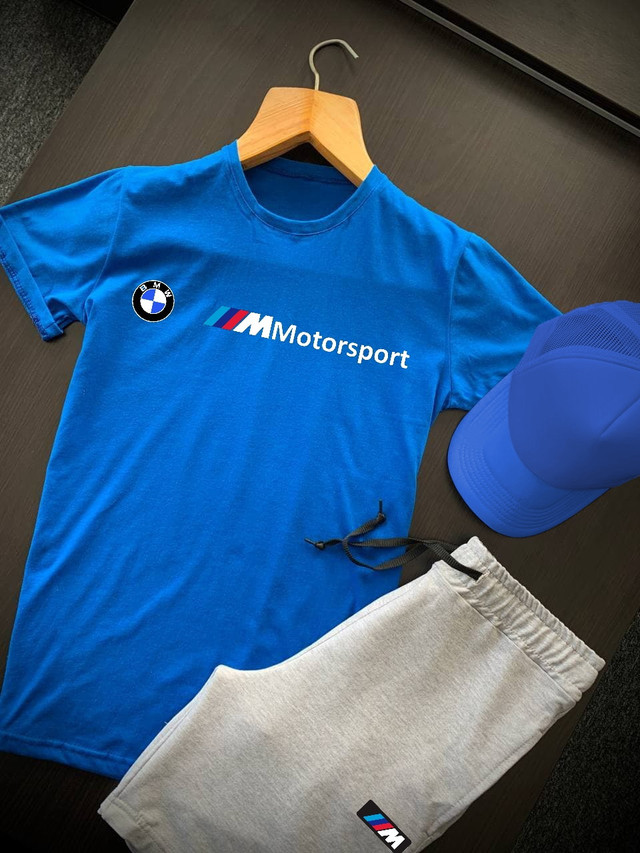 Комплект Шорти футболка і кепка BMW сіро-синього кольору фото