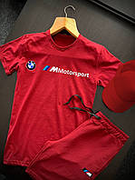 Шорти футболка і кепка BMW червоного кольору (літній спортивний костюм 3 в 1 чоловічий)