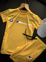 Шорти футболка і кепка BMW жовтого кольору (літній спортивний костюм 3 в 1 чоловічий)