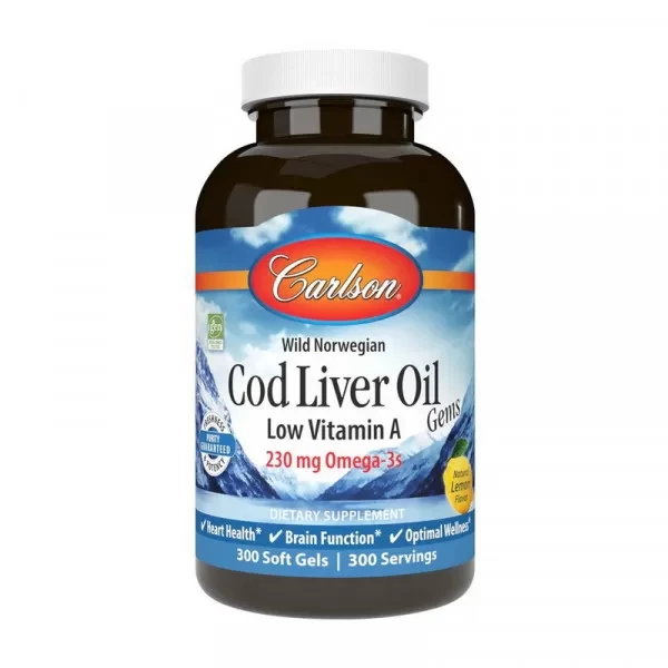 Риб'ячий жир з печінки тріски Carlson Labs Cod Liver Oil Low Vitamin A 230 mg Omega-3s wild norwegian 300 soft
