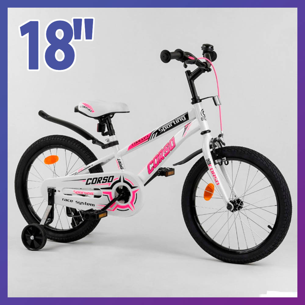 Велосипед детский двухколесный Corso R-18362 18" рост 110-130 см возраст 5 до 8 лет бело-розовый