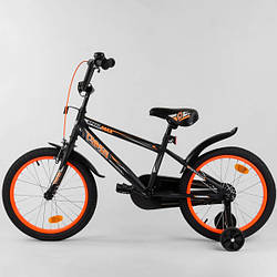 Детский велосипед на рост 110-140 см, 18 дюймов, черно-оранжевый (доп. колеса, стальные диски) CORSO N 5581