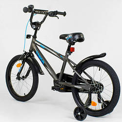Велосипед на 6-8 лет, на рост 110-140 см, 18 дюймов, серо-голубой (доп. колеса, стальные диски) CORSO N 8712