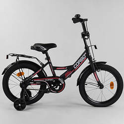 Дитячий велосипед на зростання 110-115 см, 16 дюймів, чорний, доп. колеса, багажник, CORSO CL-16622