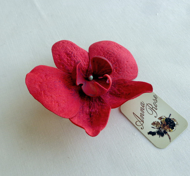 Заколка-брошка з фоамирана ручної роботи "Орхідея червона"-купити-в інтернет-магазині annarose