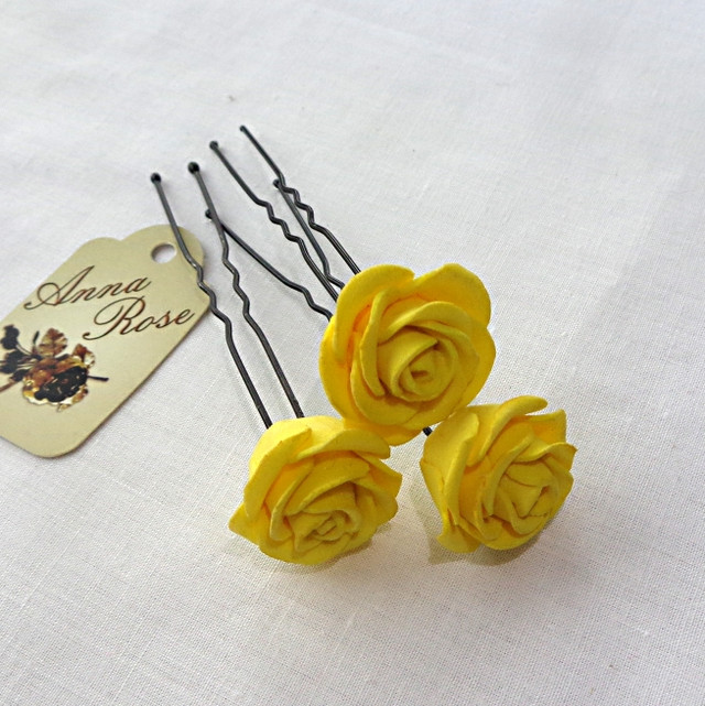 Шпильки для волосся з квітами ручної роботи "Трояндочки Жовті"-купити-в інтернет-магазині AnnaRose