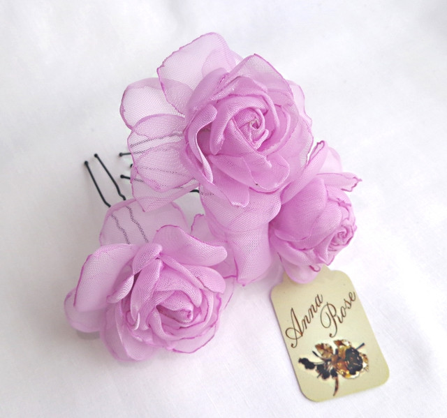 Шпильки для волосся з квітами з тканини ручної роботи "Бузкова чайна троянда"-купити-в інтернет-магазині AnnaRose