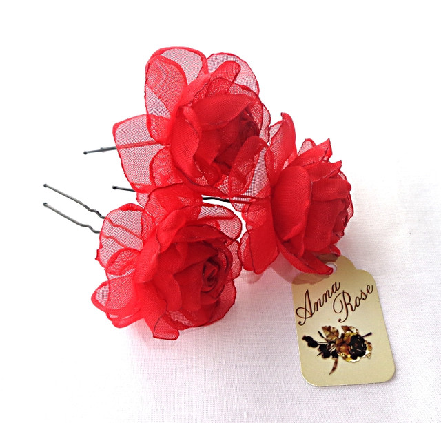 Шпильки для волосся з квітами з тканини ручної роботи "Чайна червона троянда"-купити-в інтернет-магазині AnnaRose